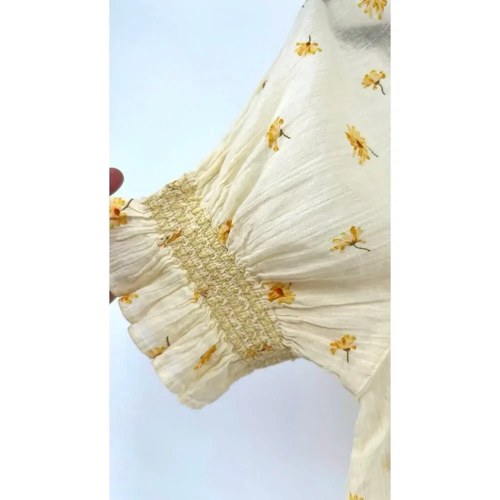 Madewell French Daisies Smocked Cotton Button Up Peasant Top Blouse Size S